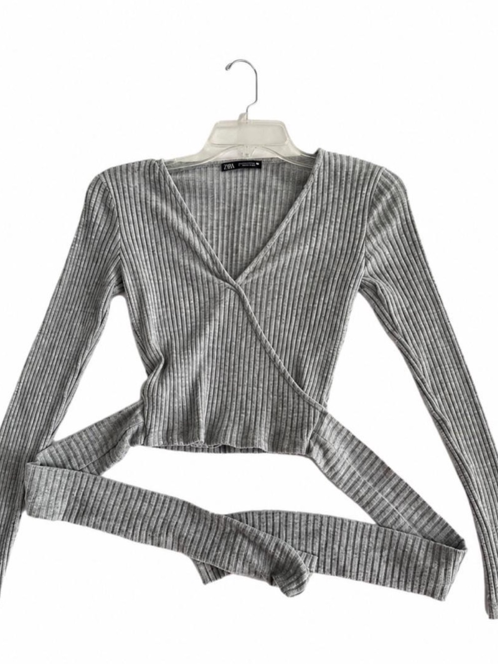 Zara Light Gray Ribbed Wrap Crop Sweater